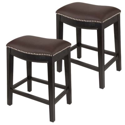 Homegear Faux Leather Backless Metal-Stud Bar Stools, Set of 2, Brown